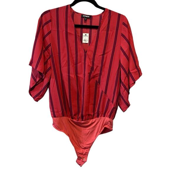 Express NWT Striped Kimono Sleeve Bodysuit Red and Black Size M - Picture 1 of 12